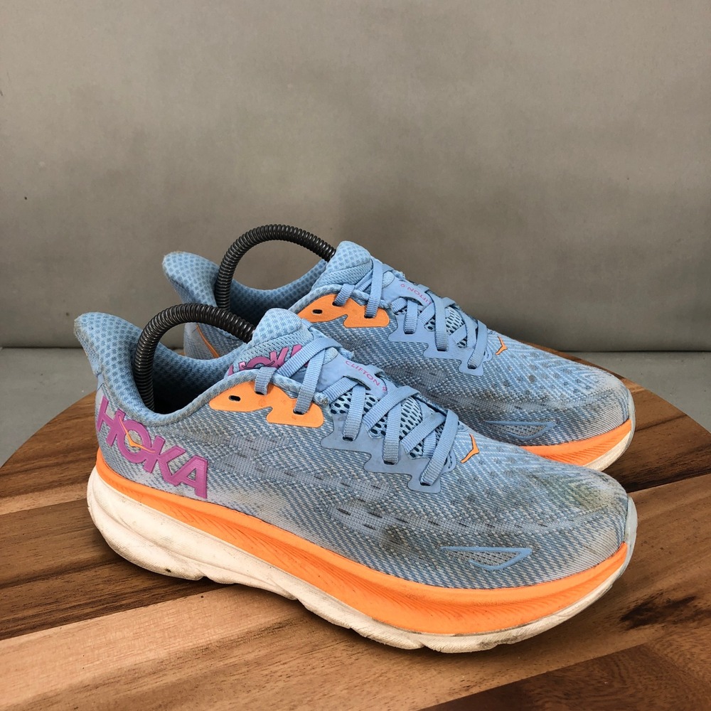 Hoka Clifton 9 Womens Running Shoes Size 8 B Light Blue Orange Sneakers Cushion